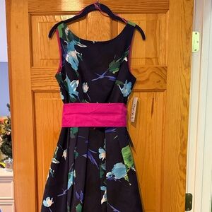 Eliza J Black Floral Midi Dress with removable pink sash